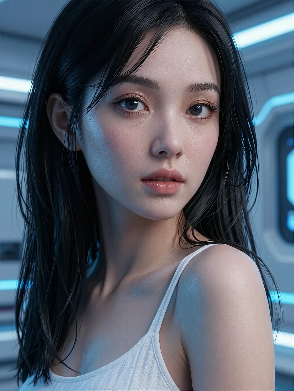Carmen, a fictional AI character, with long dark hair in a white top in soft indoor light
