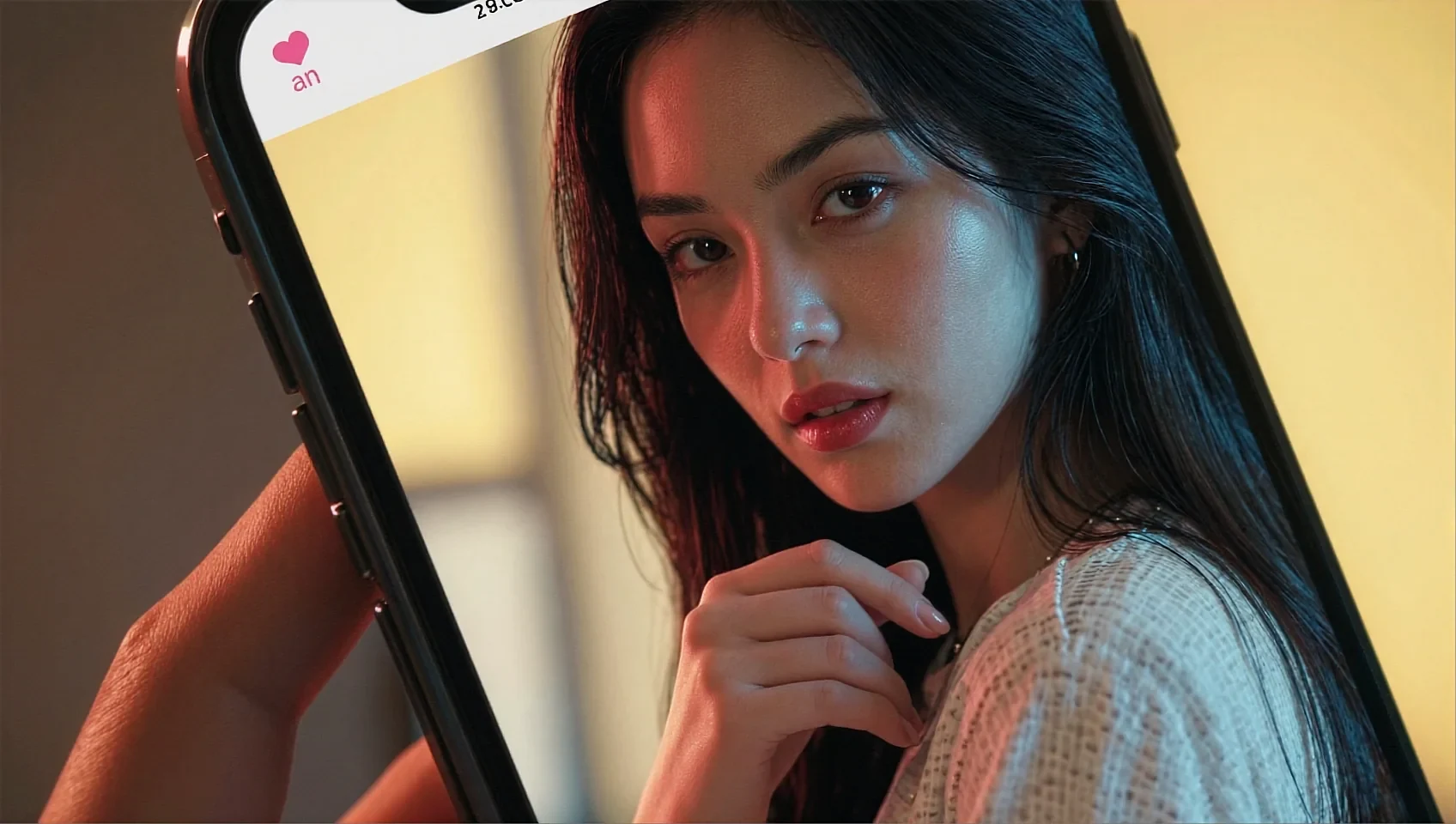 Hand holding a phone whose screen shows the portrait of a fictional AI character in a white top
