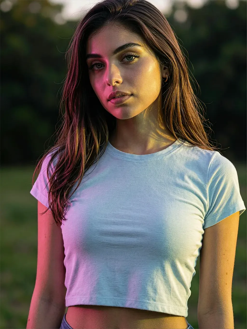 Fictional AI character in a white t-shirt outdoors at dusk, pink light falling on her face
