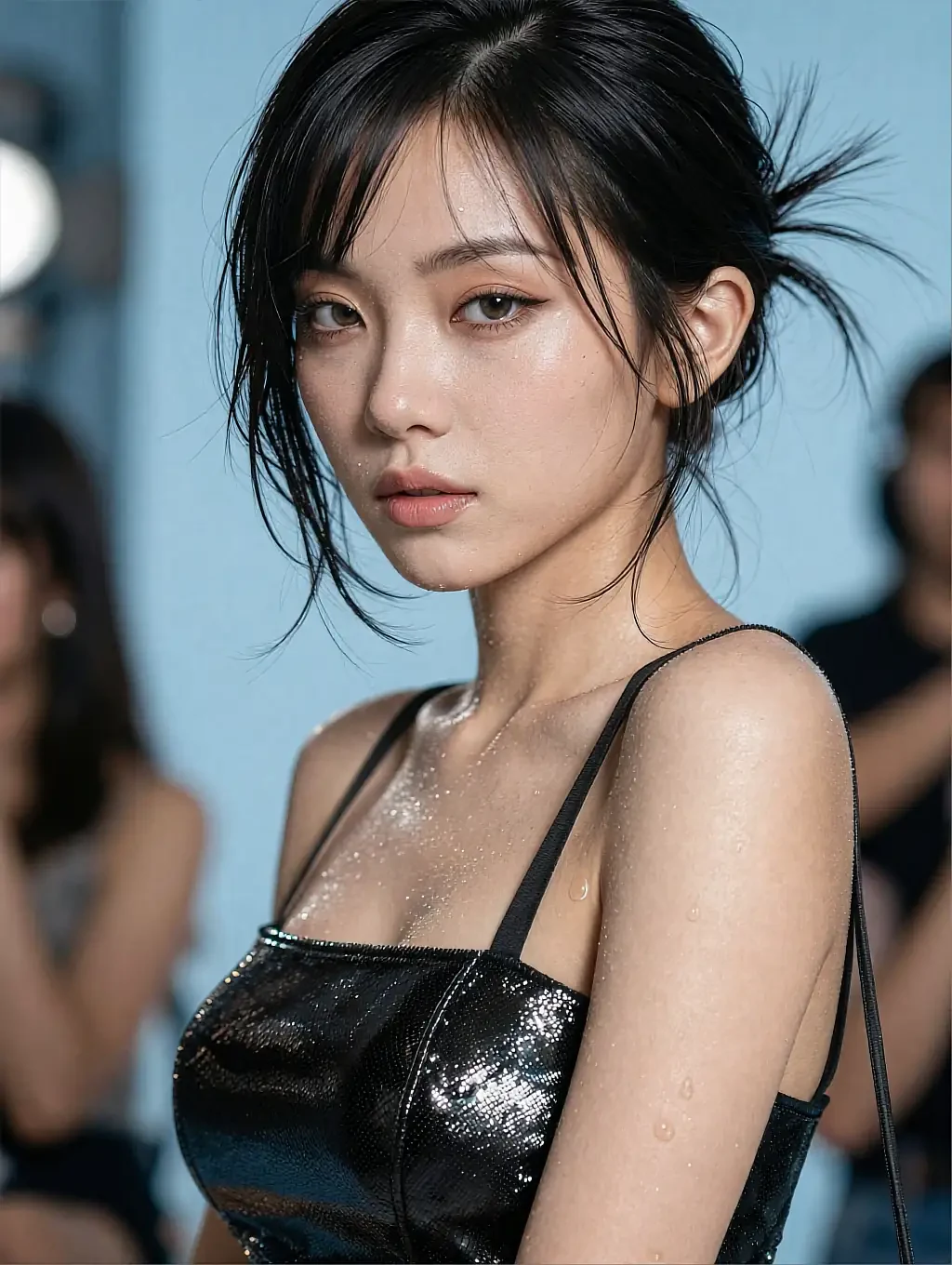 Fictional AI character in a black sequined top, people out of focus behind her