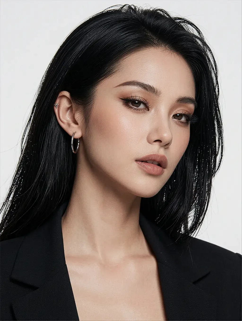 Fictional AI character in a black blazer, studio portrait against a dark background
