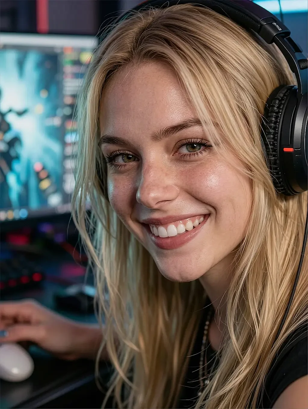 Fictional AI character with blonde hair smiling in a headset at a glowing gaming setup