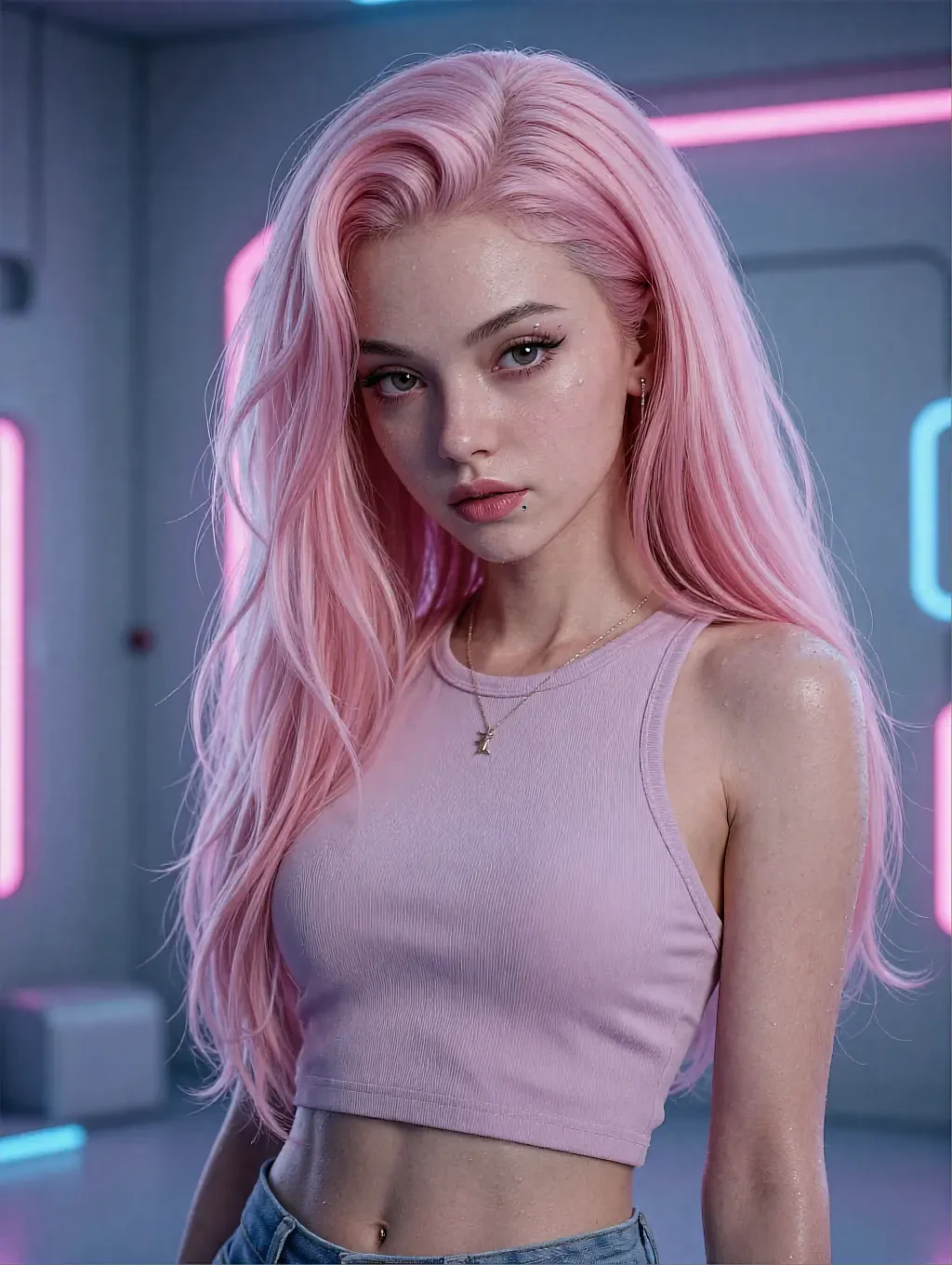 Fictional AI character with pink hair in a pink top in a neon-lit room