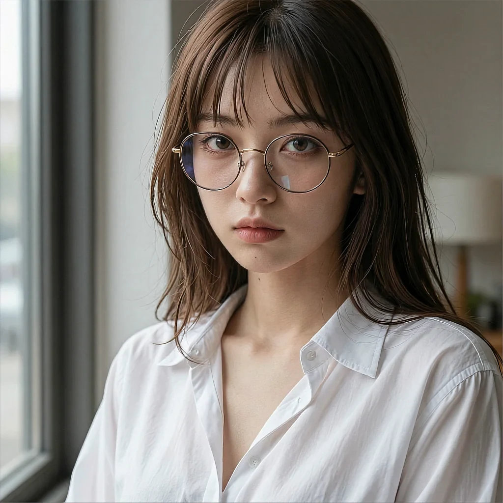 Sasha, a fictional AI character, in glasses and a white shirt in a bright room