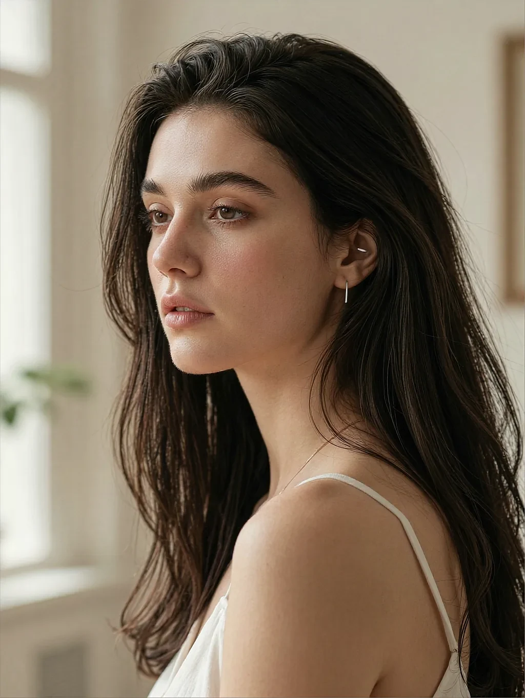 Fictional AI character in profile by a bright window, long dark hair over her shoulder