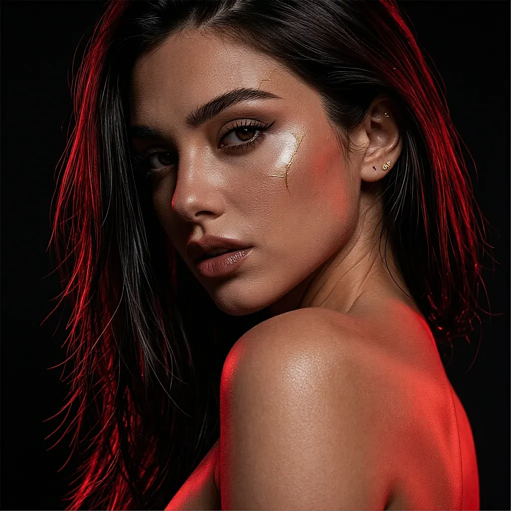 Nell, a fictional AI character, in a close-up portrait lit deep red, bare shoulder turned to the camera
